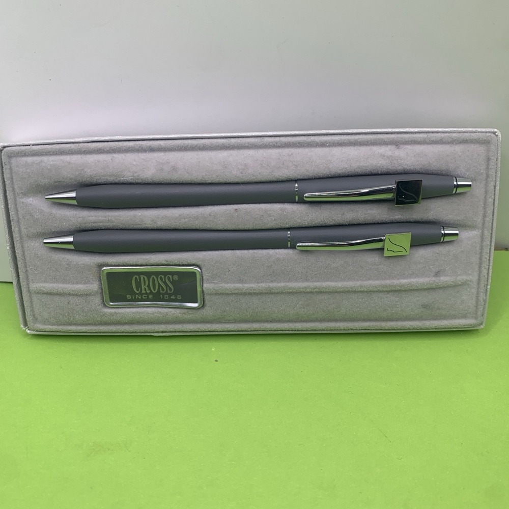 Vintage Cross Ballpoint Pen + Pencil Set Gray with Chrome With Logo Clip